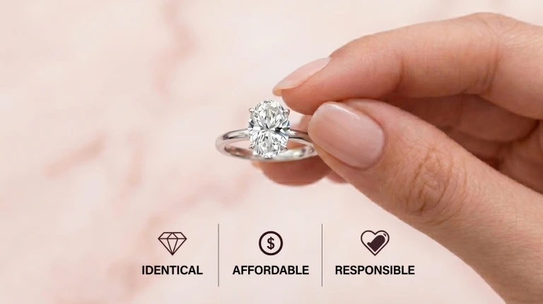Woman holding oval-cut lab-grown diamond solitaire ring – identical, affordable and responsible luxury jewelry by Raro Jewels