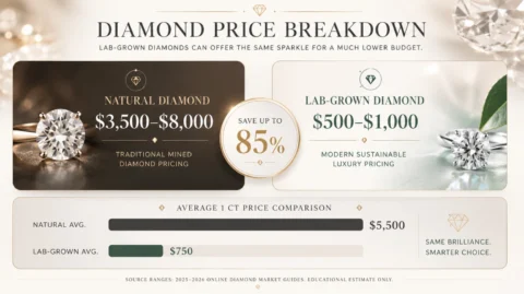 Raro Home 25 Diamond price breakdown comparing natural diamonds and lab-grown diamonds with up to 85% savings