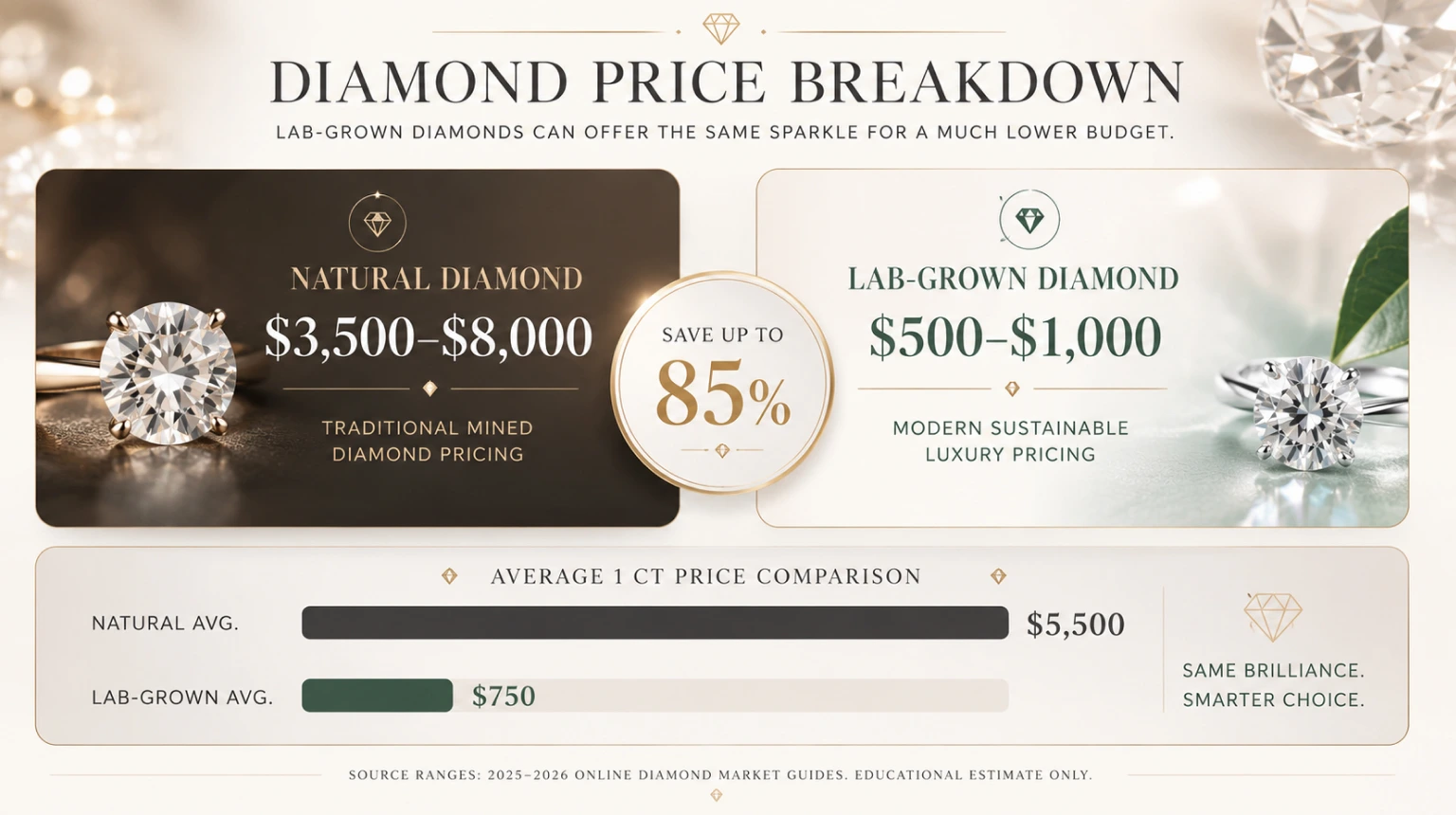 Diamond price breakdown comparing natural diamonds and lab-grown diamonds with up to 85% savings