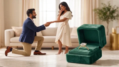 Raro Home 25 Proposal moment with a lab-grown diamond engagement ring in a green velvet ring box