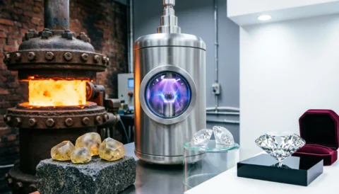 A high-tech laboratory display showing the evolution of lab-grown diamonds from raw carbon seeds and rough stones to a polished, brilliant-cut diamond next to a plasma reactor.