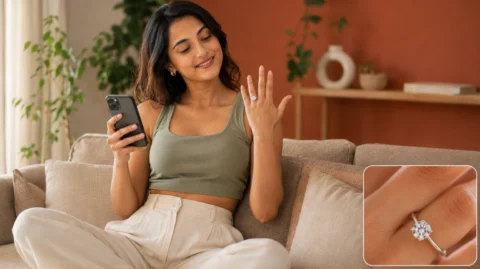 A smiling young woman sitting on a couch, holding a smartphone and admiring a brilliant round-cut lab-grown diamond engagement ring on her finger.