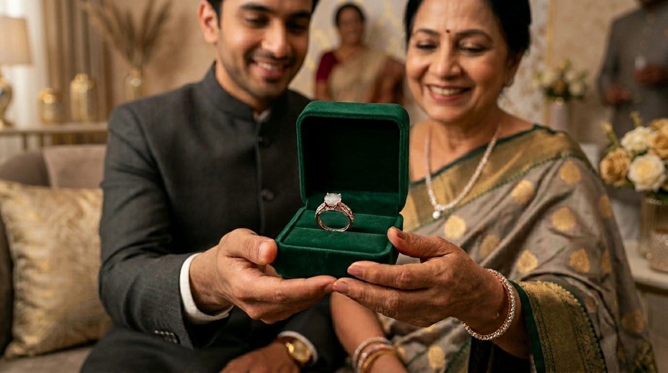 Son gifting a personalized lab-grown diamond ring to his mother for her marriage anniversary