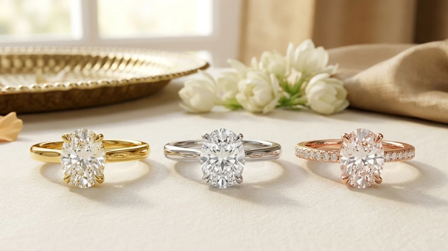 Gold platinum and rose gold metal options for a lab-grown diamond ring