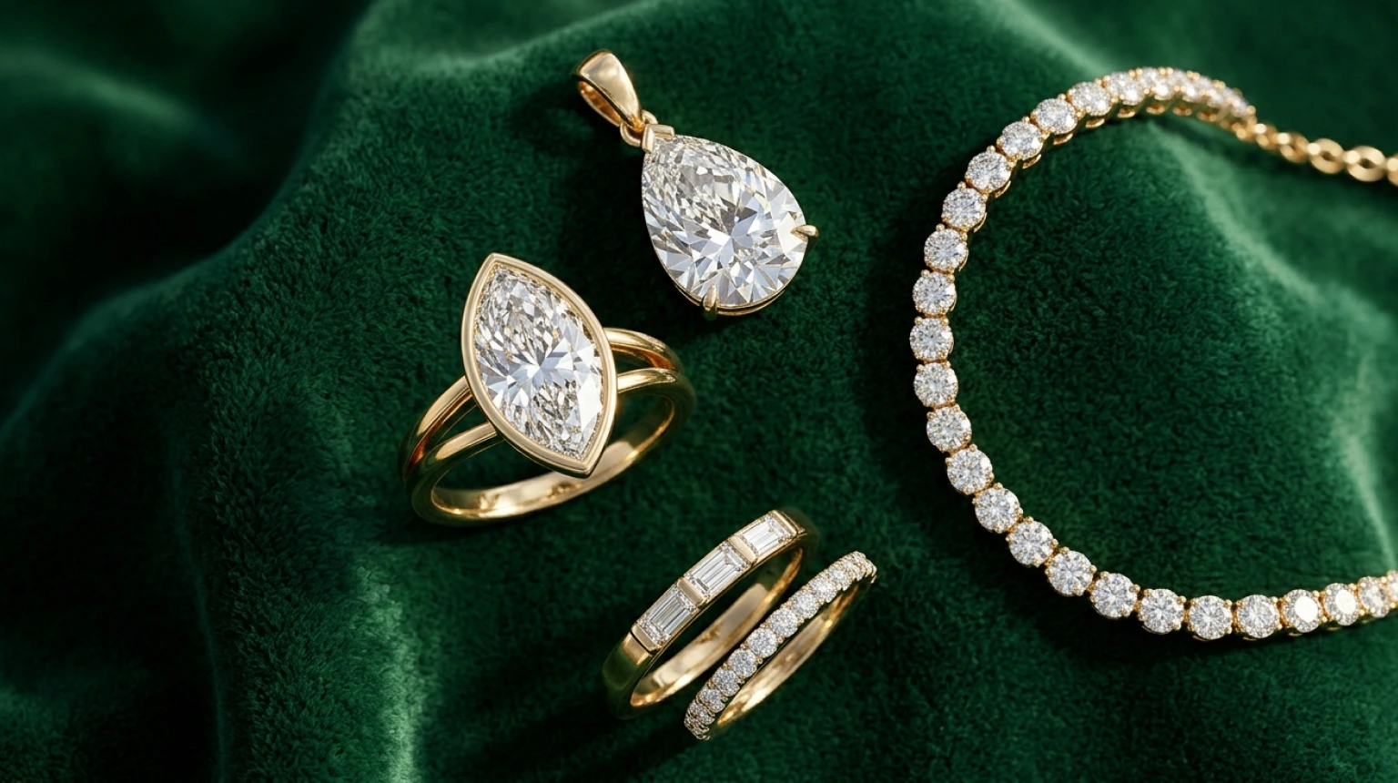Luxury lab-grown diamond rings bracelet and pendant on dark emerald velvet background for modern Indian fine jewelry