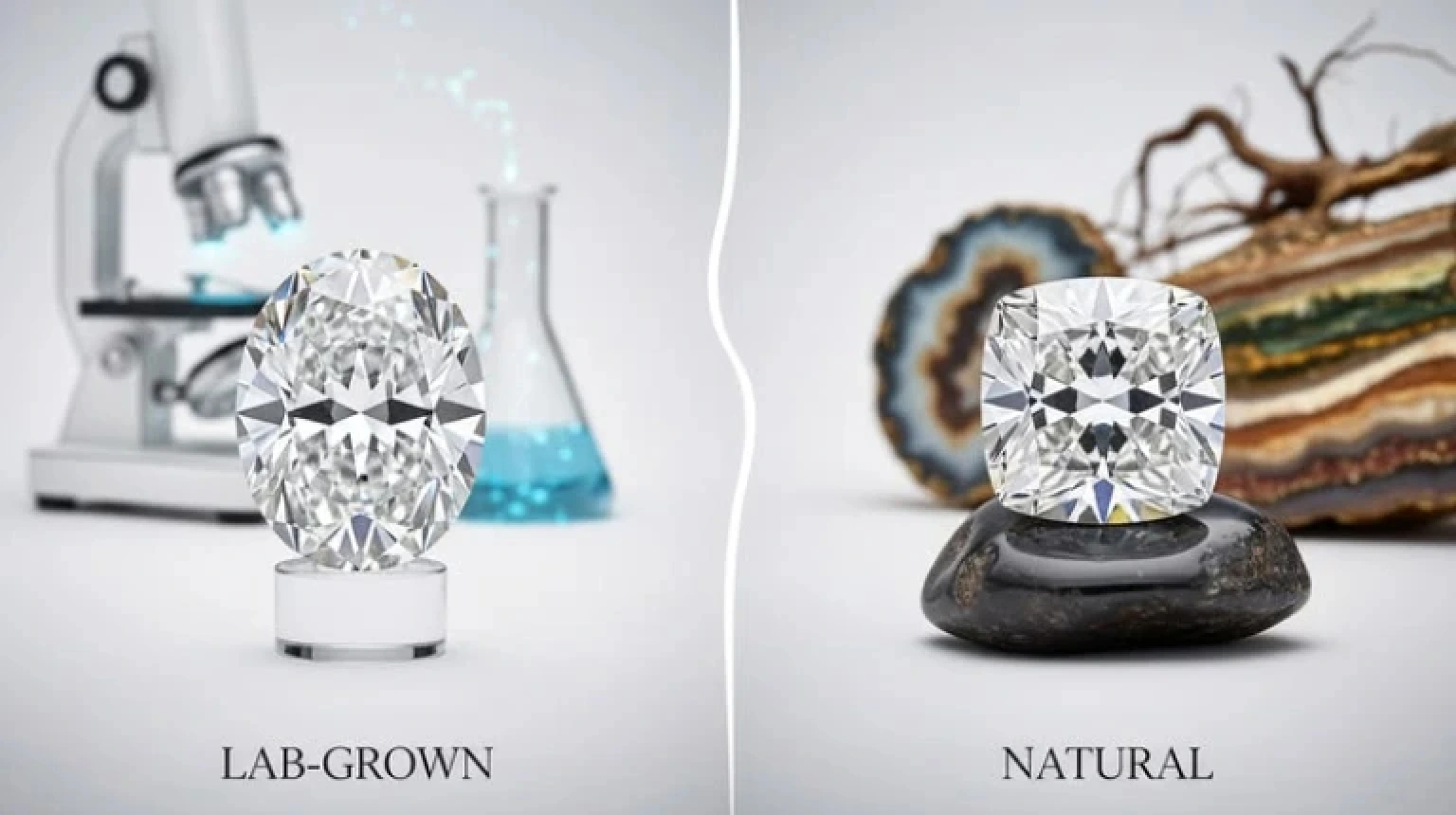 Side by side comparison of mined diamond and lab-grown diamond brilliance