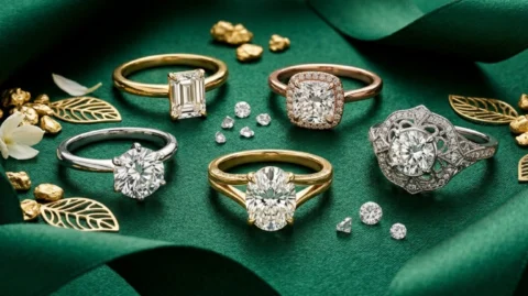 Popular lab-grown diamond ring styles on emerald green satin
