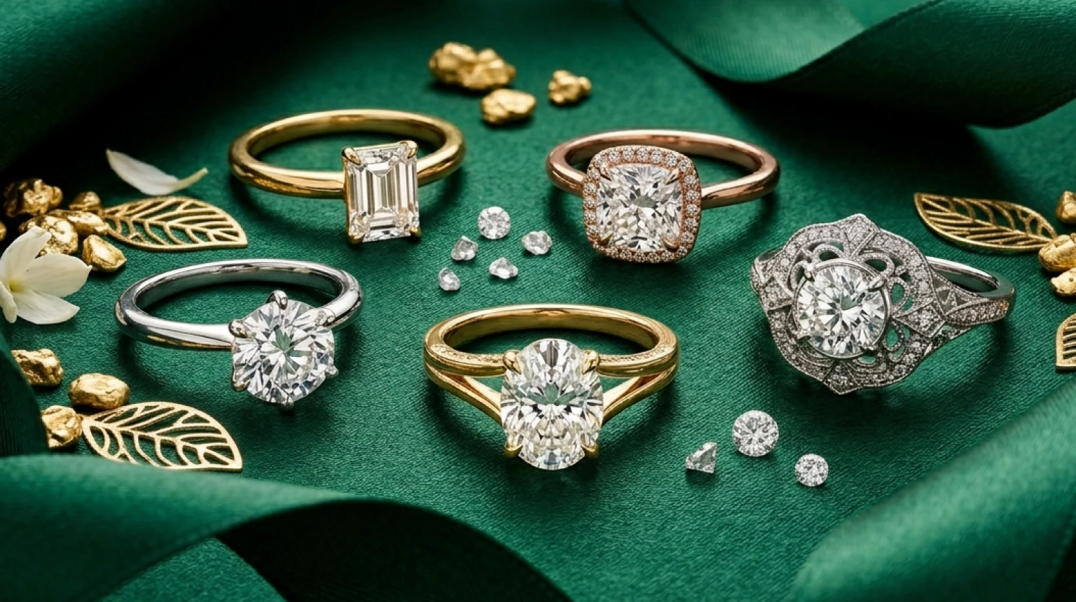 Popular lab-grown diamond ring styles on emerald green satin